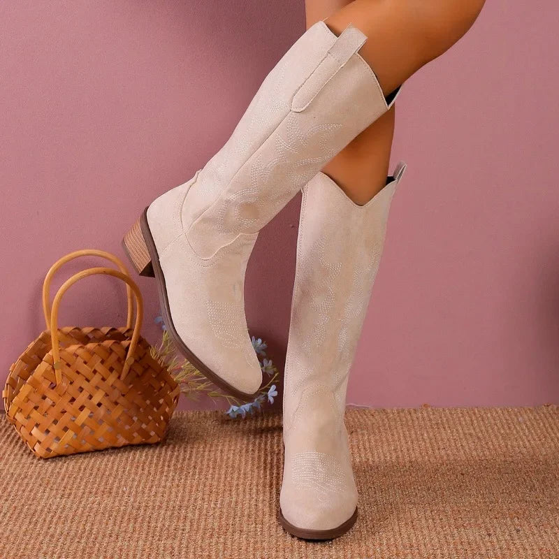 Retro Embroidered Cowboy Boots – Long Chunky Heel