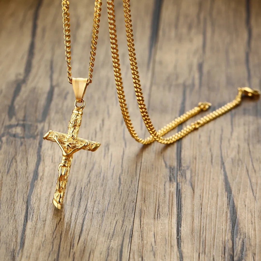 Gold Stainless Steel Cross Necklace – Jesus Pendant for Men