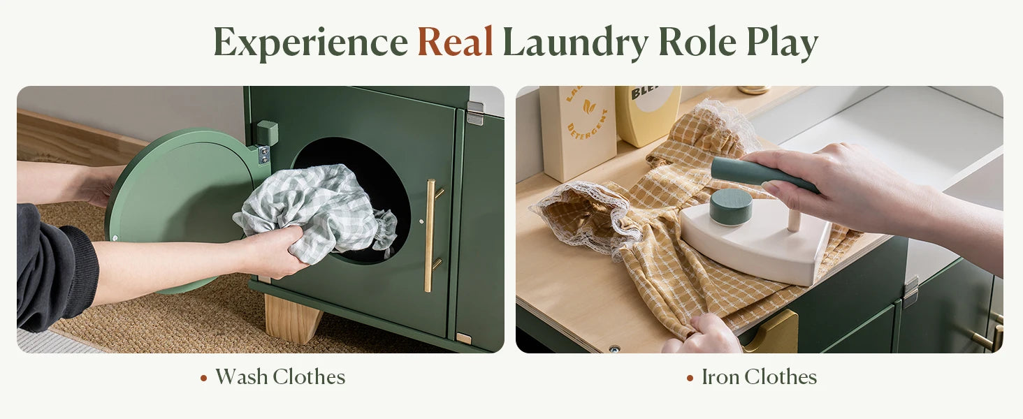 Robotime Wooden Toy Washing Machine – Vintage Green Pretend Play Washer & Dryer Set for Kids