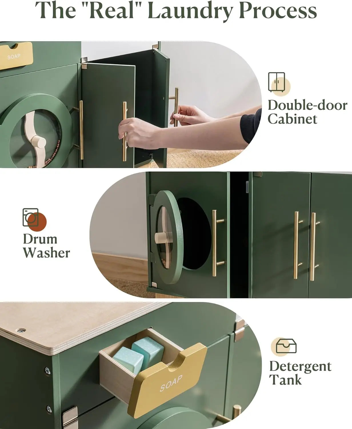 Robotime Wooden Toy Washing Machine – Vintage Green Pretend Play Washer & Dryer Set for Kids