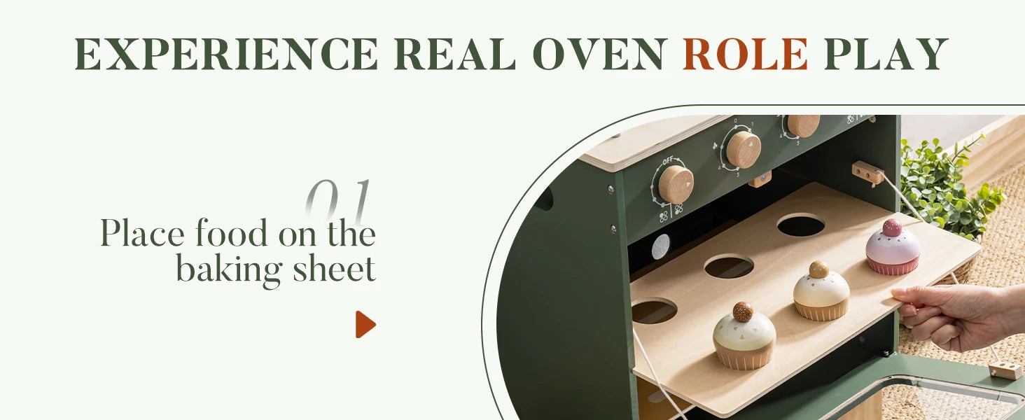 Robotime Robud Wooden Toy Oven Kitchen Set – Vintage Green Pretend Play with Food