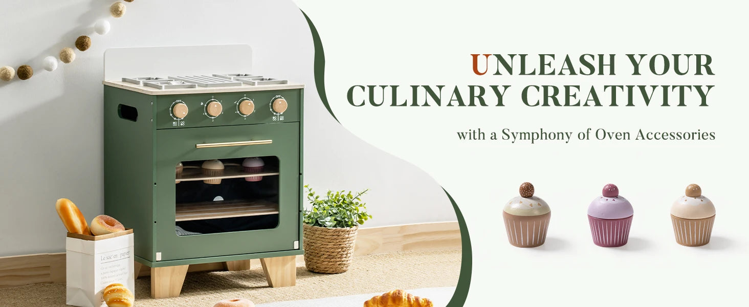 Robotime Robud Wooden Toy Oven Kitchen Set – Vintage Green Pretend Play with Food