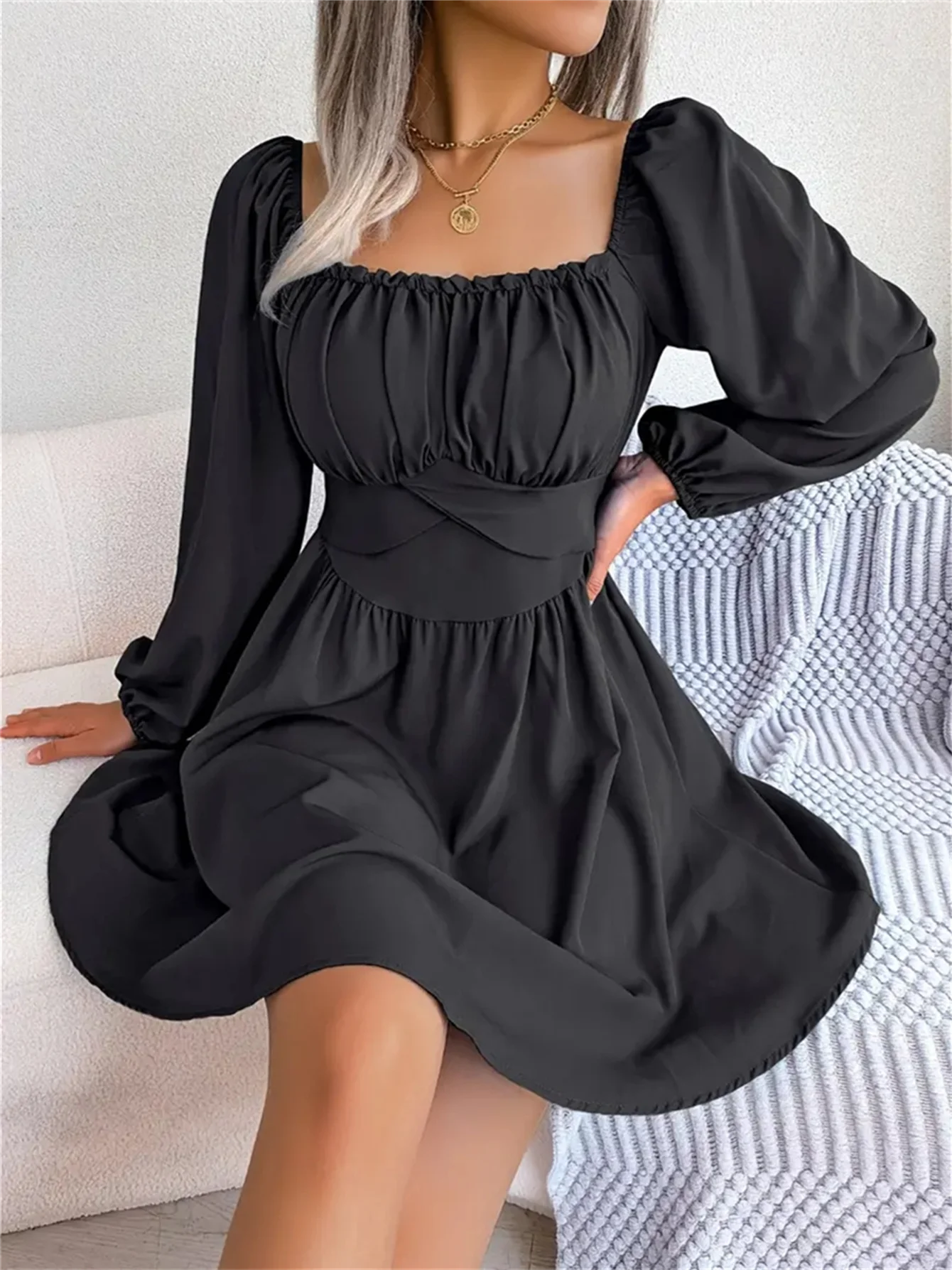 Women's Ruched Square Neck Ruffle Dress – Spring & Fall
