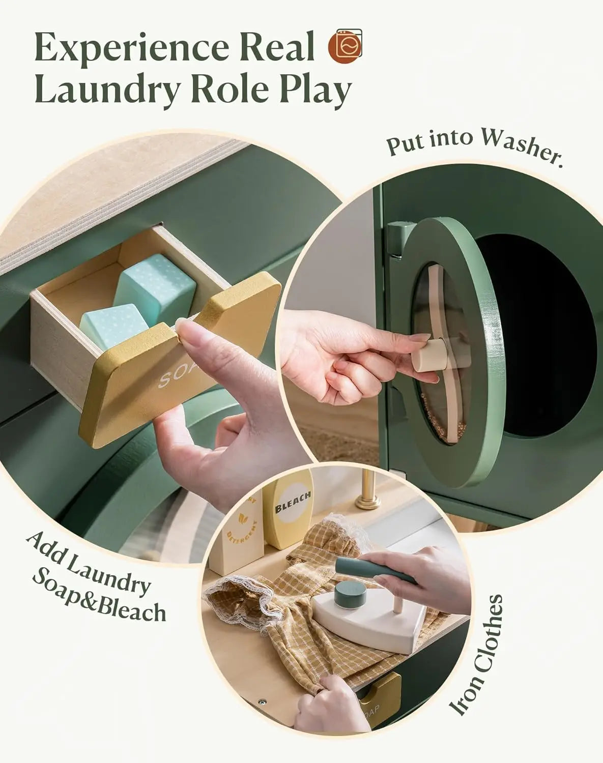 Robotime Wooden Toy Washing Machine – Vintage Green Pretend Play Washer & Dryer Set for Kids