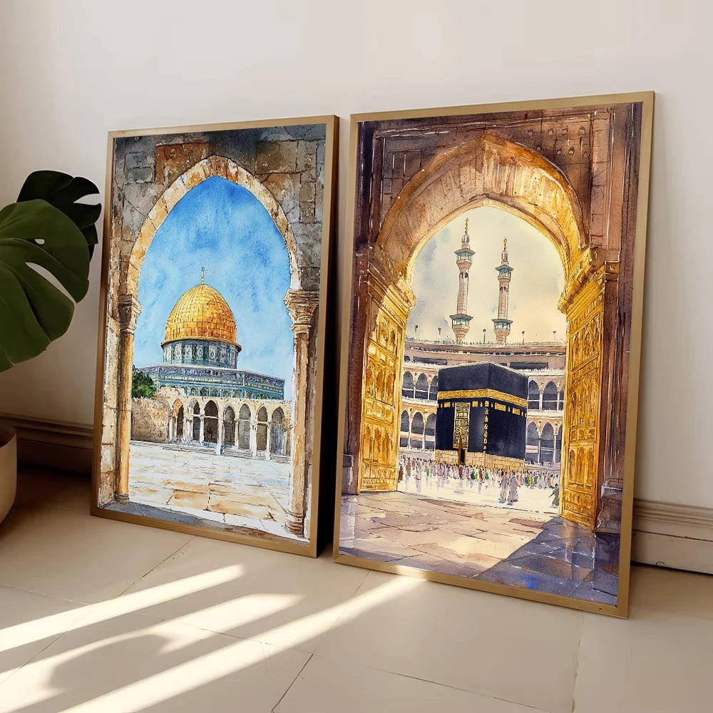 Kaaba & Al-Aqsa Watercolor Canvas – Modern Islamic Wall Art