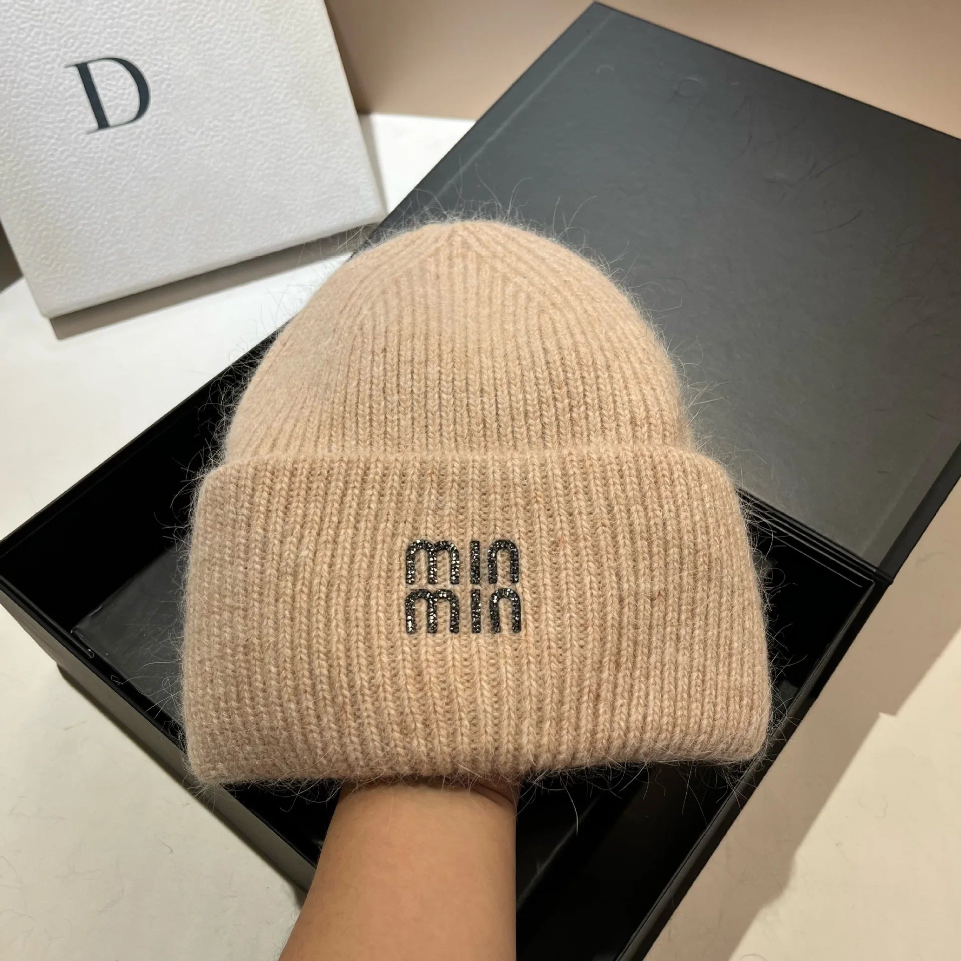 Luxury Rhinestone Winter Beanie – Rabbit Fur Knit Hat for Men & Women