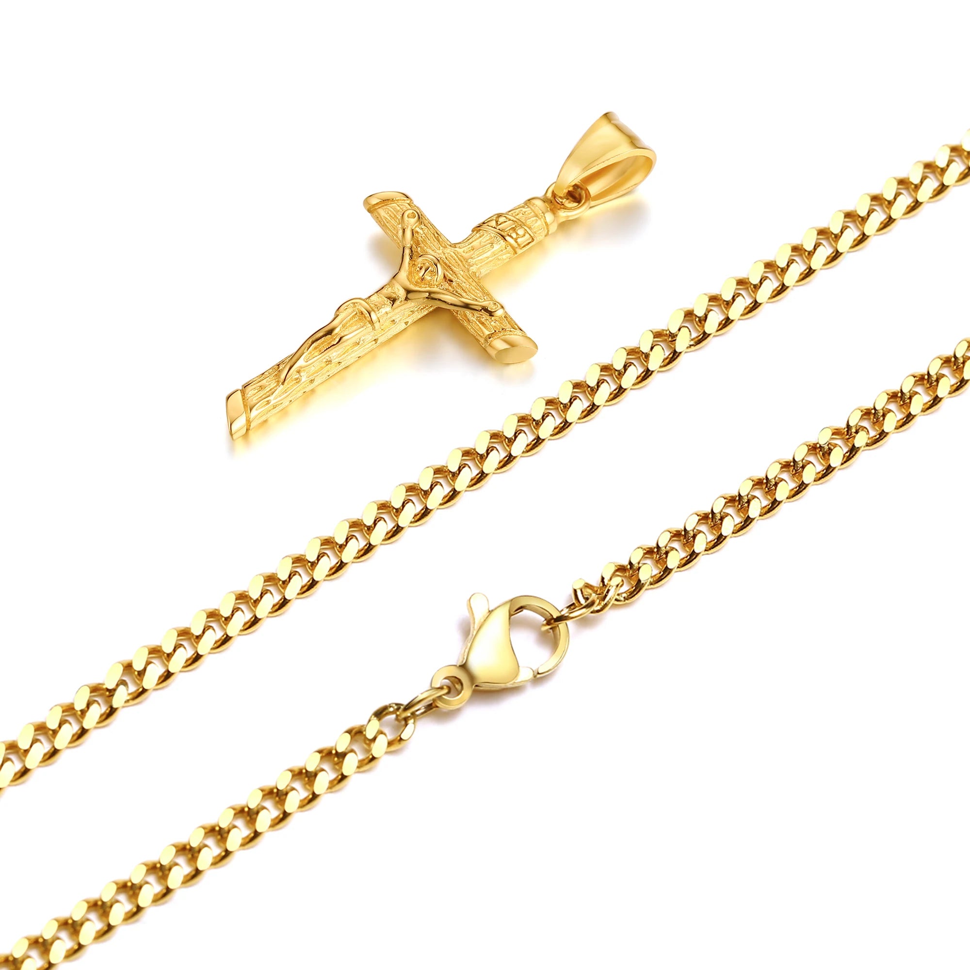 Gold Stainless Steel Cross Necklace – Jesus Pendant for Men