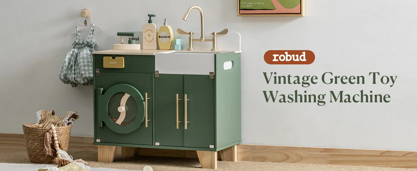 Robotime Wooden Toy Washing Machine – Vintage Green Pretend Play Washer & Dryer Set for Kids