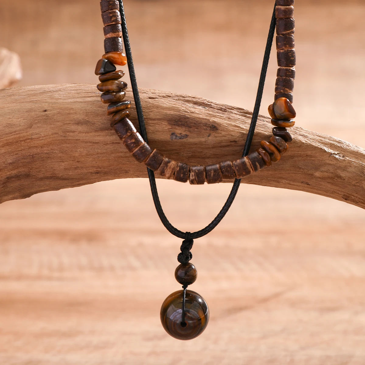 Bohemian Stone & Wood Bead Pendant Necklace Set – Vintage Ethnic Style for Men