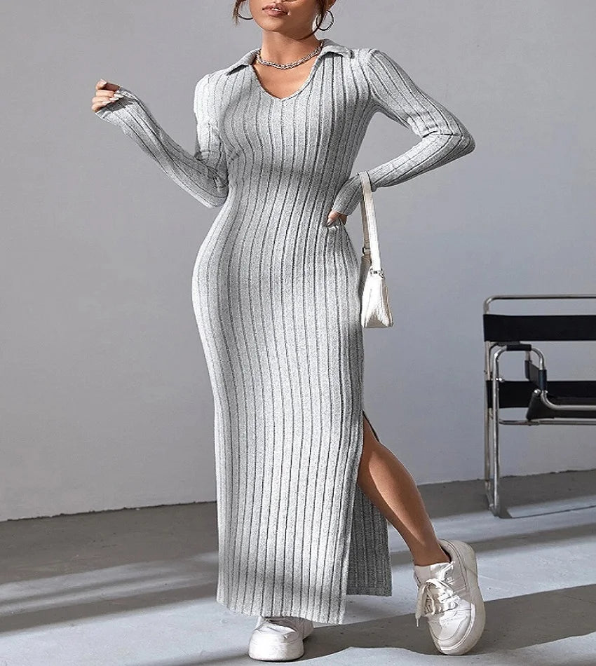 Solid Color Knit Dress – Sexy Slim Lapel Style