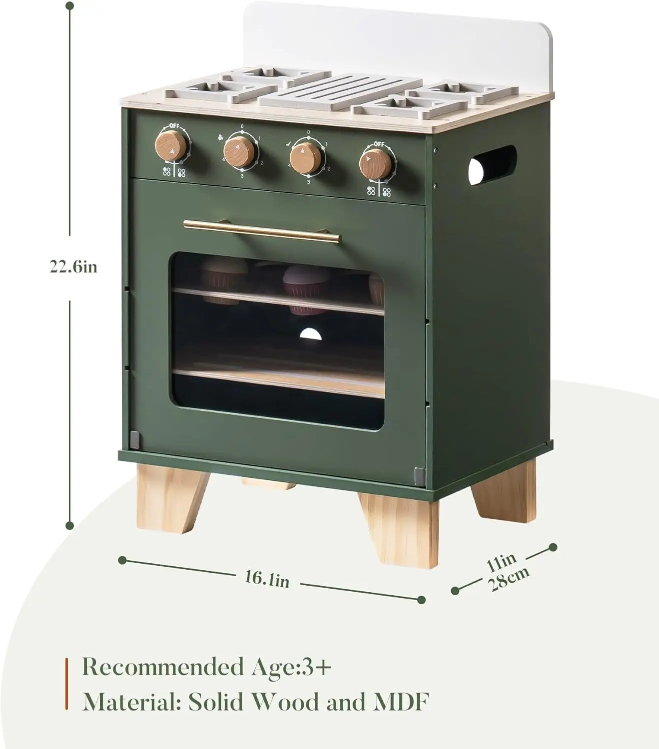 Robotime Robud Wooden Toy Oven Kitchen Set – Vintage Green Pretend Play with Food