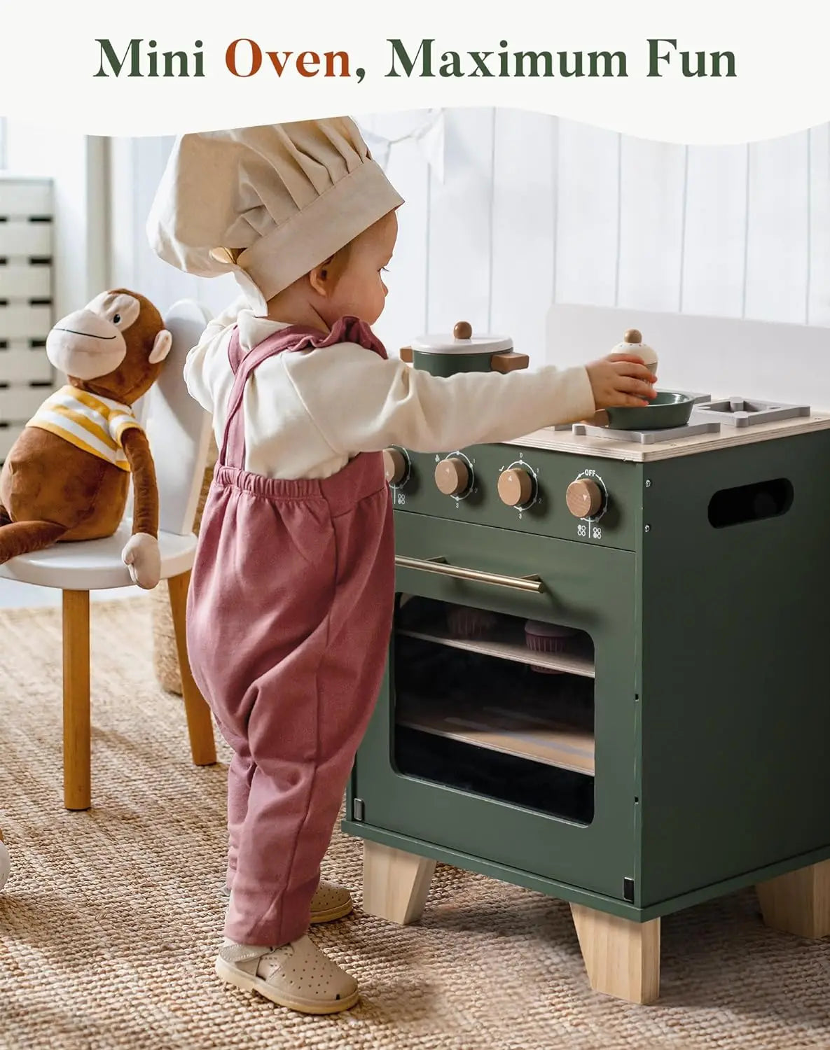 Robotime Robud Wooden Toy Oven Kitchen Set – Vintage Green Pretend Play with Food