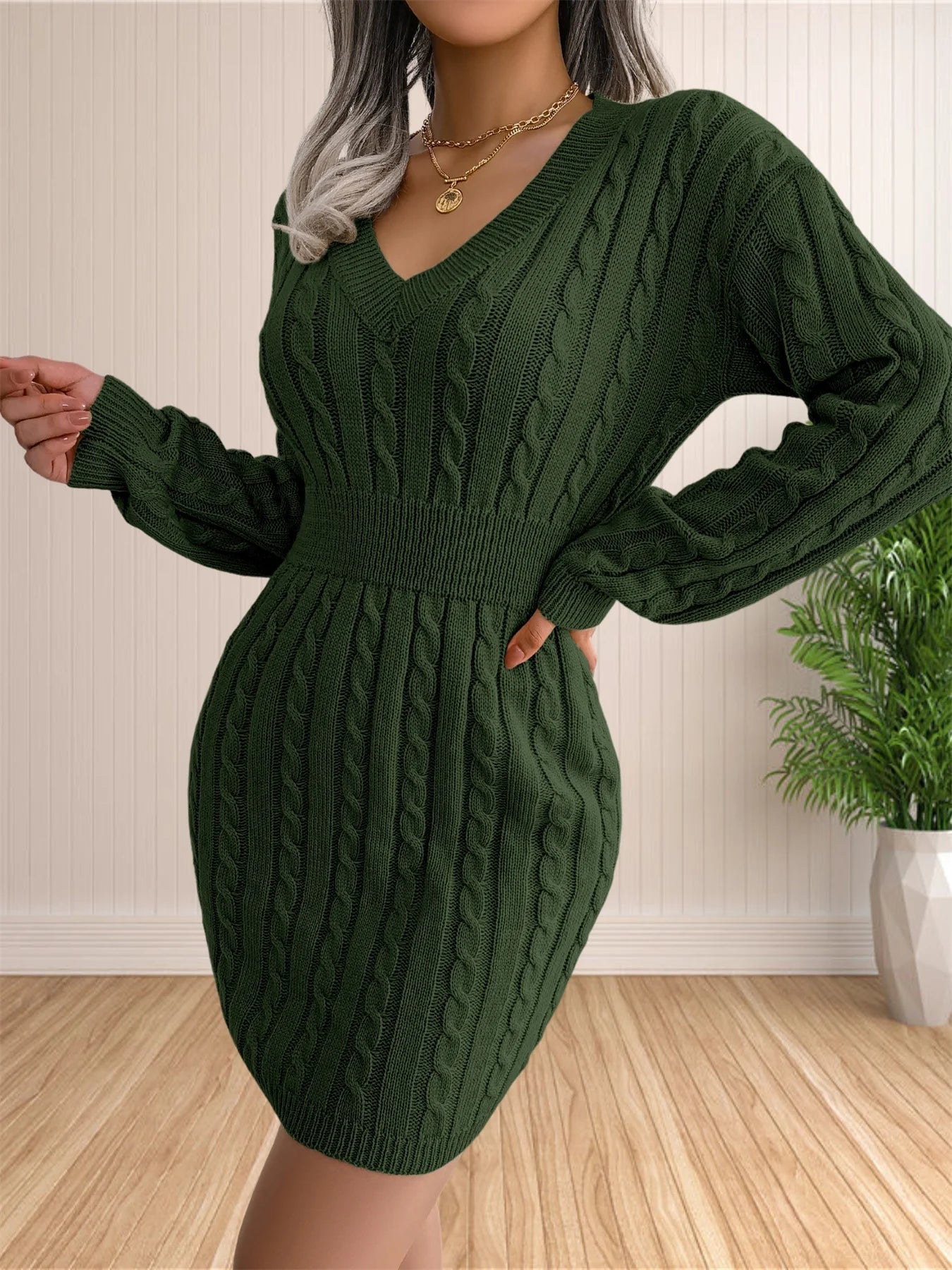 Chic Women’s Sweater Dress – V-Neck Knit