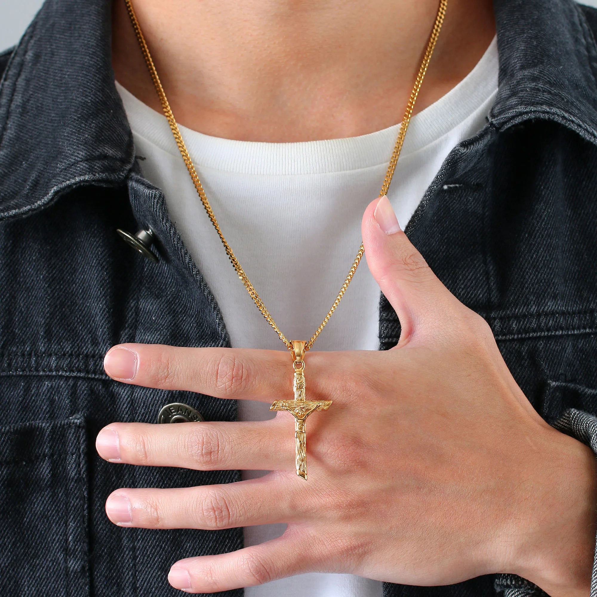 Gold Stainless Steel Cross Necklace – Jesus Pendant for Men