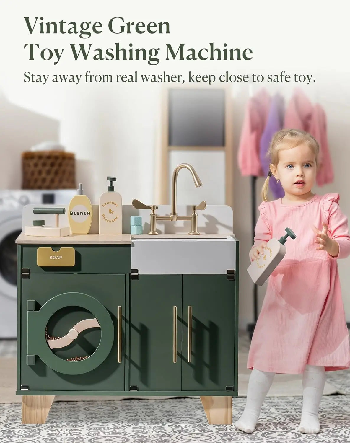 Robotime Wooden Toy Washing Machine – Vintage Green Pretend Play Washer & Dryer Set for Kids