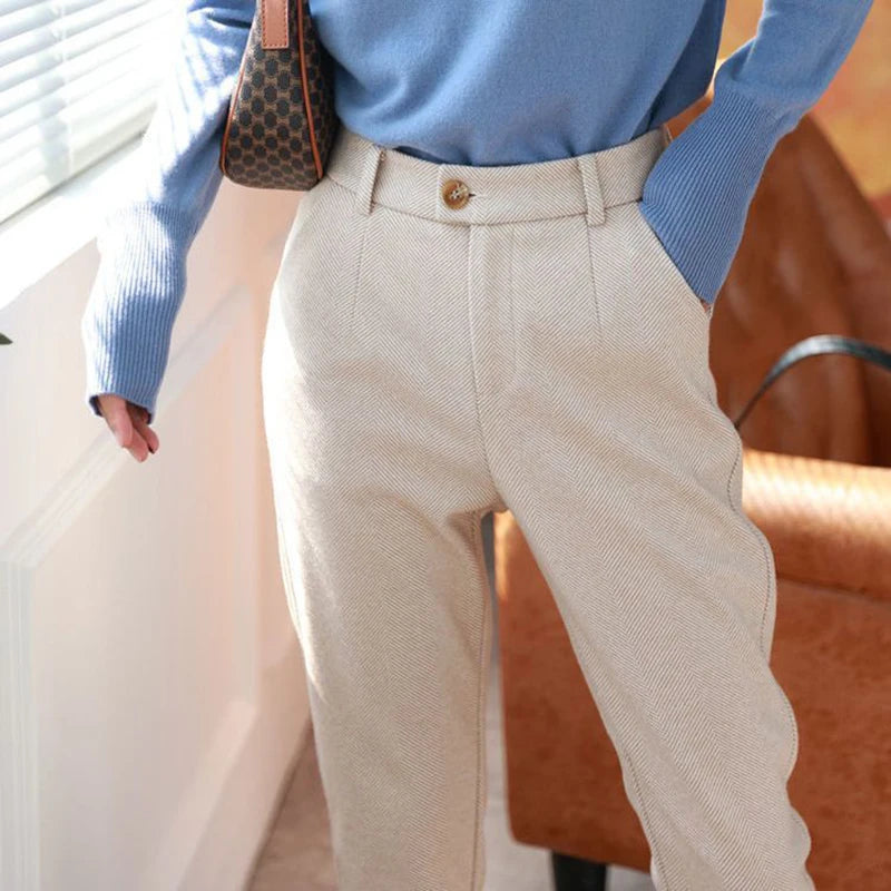 Khaki Suit Pants for Women – High Rise, Button Detail