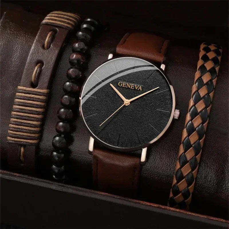 Men's Quartz Watch & Bracelet Set – 4pcs Gift