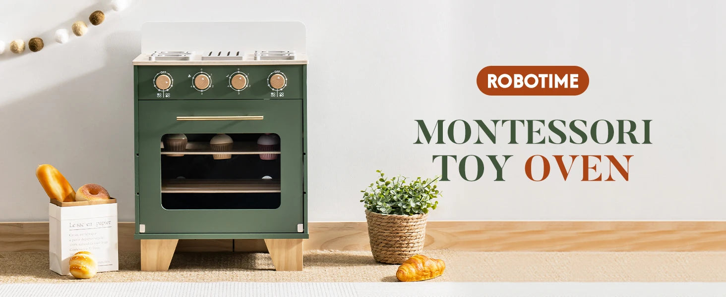 Robotime Robud Wooden Toy Oven Kitchen Set – Vintage Green Pretend Play with Food