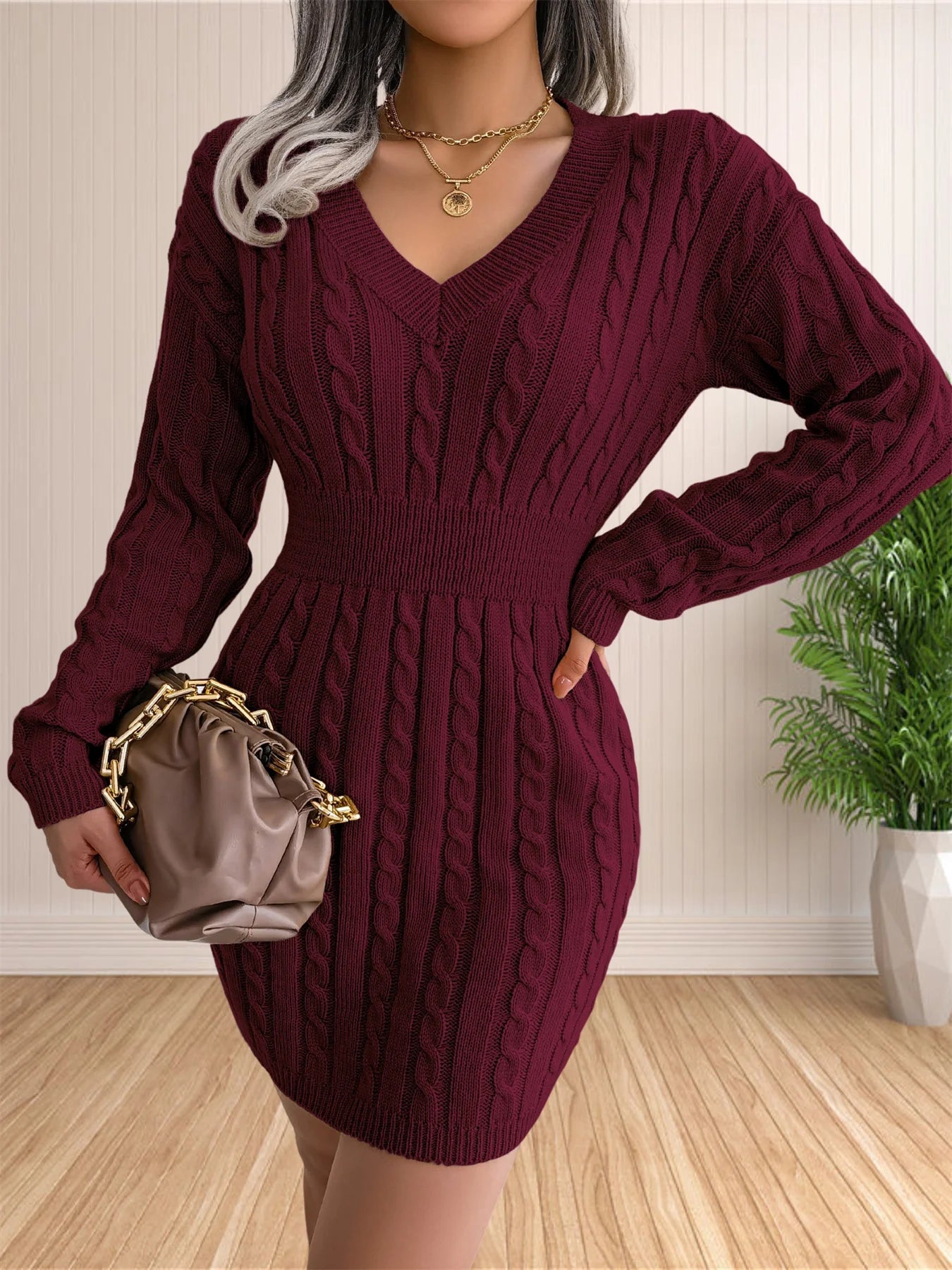 Chic Women’s Sweater Dress – V-Neck Knit