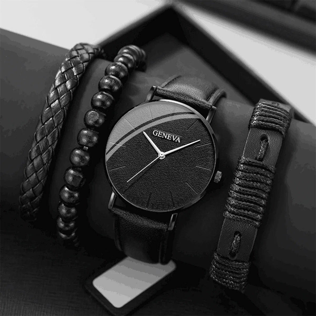Men's Quartz Watch & Bracelet Set – 4pcs Gift
