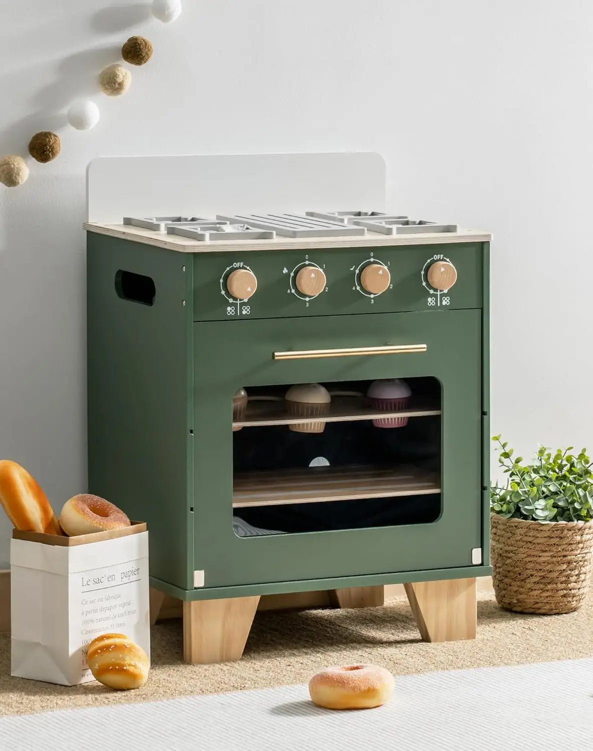 Robotime Robud Wooden Toy Oven Kitchen Set – Vintage Green Pretend Play with Food