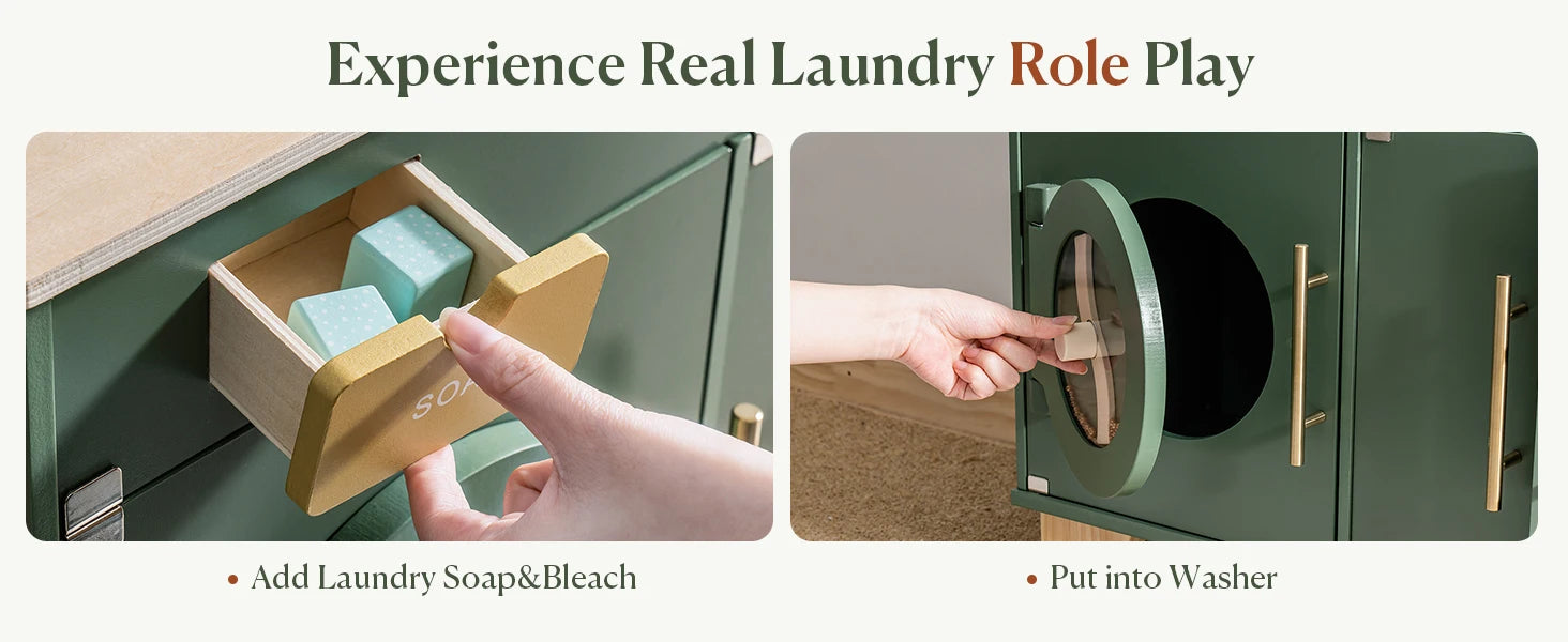 Robotime Wooden Toy Washing Machine – Vintage Green Pretend Play Washer & Dryer Set for Kids