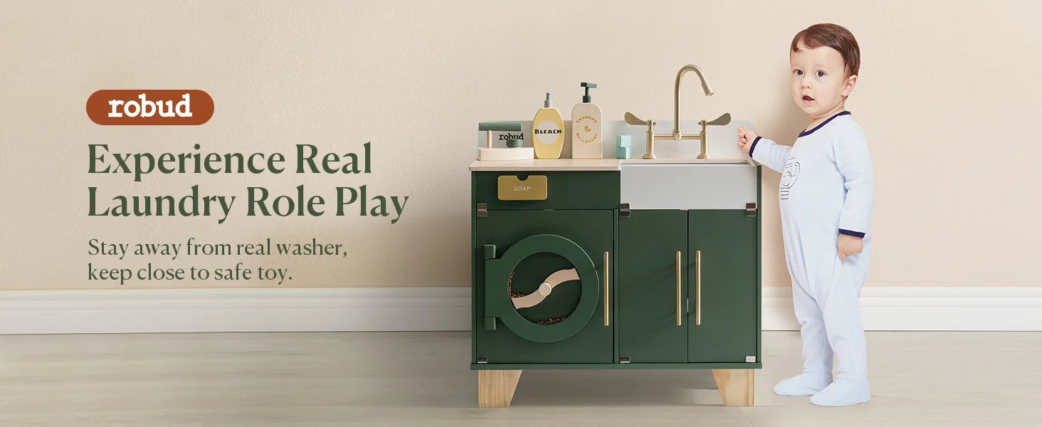 Robotime Wooden Toy Washing Machine – Vintage Green Pretend Play Washer & Dryer Set for Kids