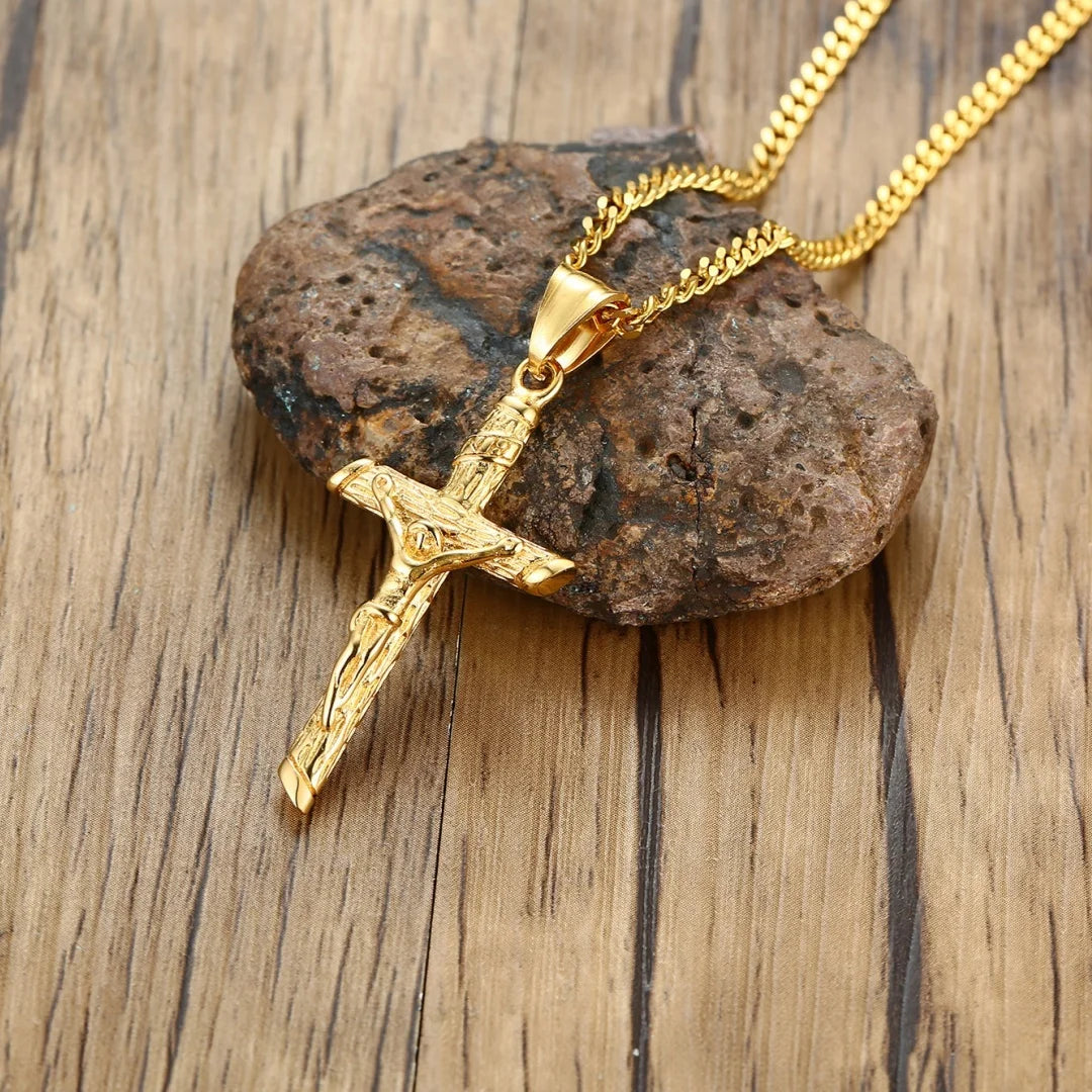 Gold Stainless Steel Cross Necklace – Jesus Pendant for Men