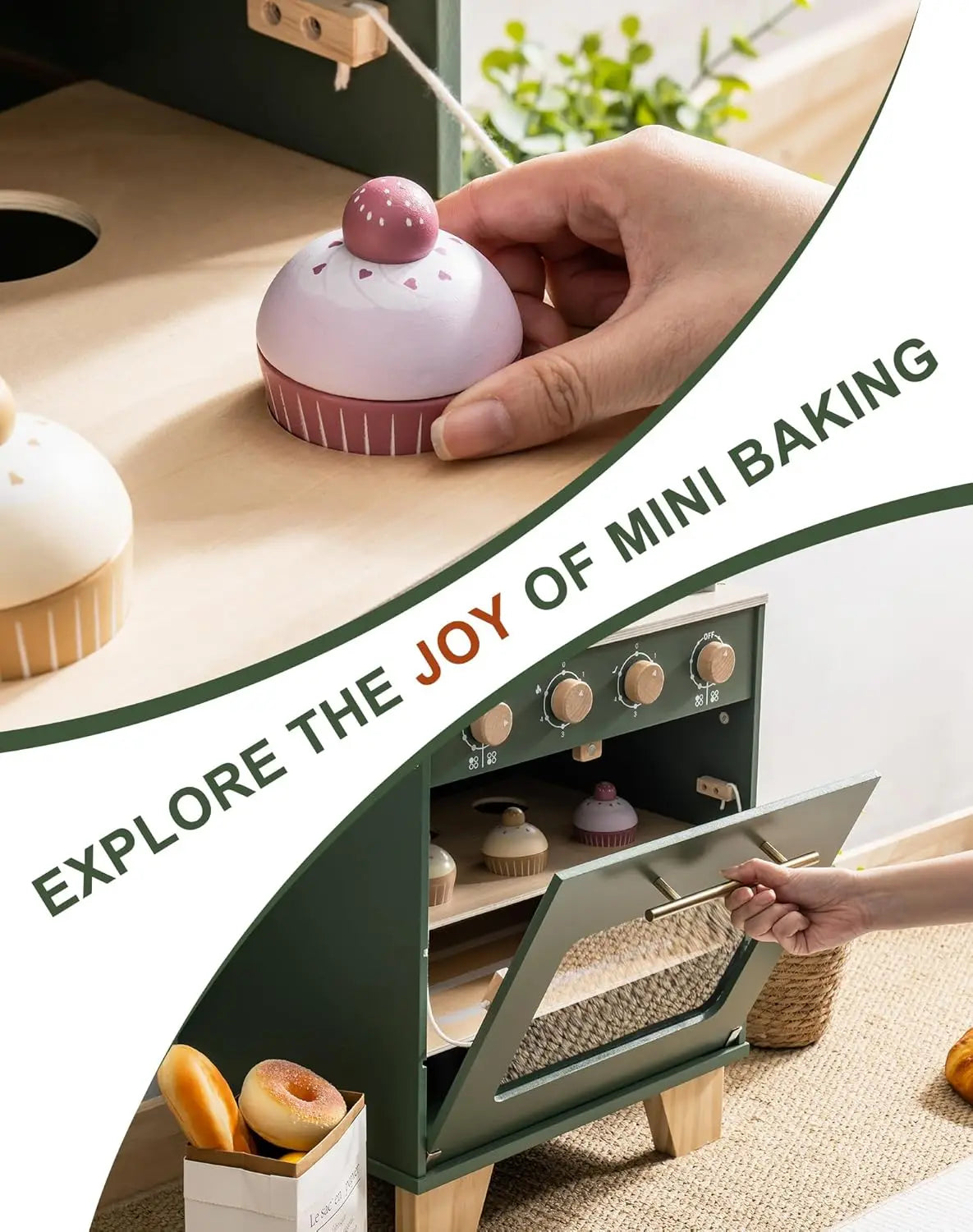 Robotime Robud Wooden Toy Oven Kitchen Set – Vintage Green Pretend Play with Food