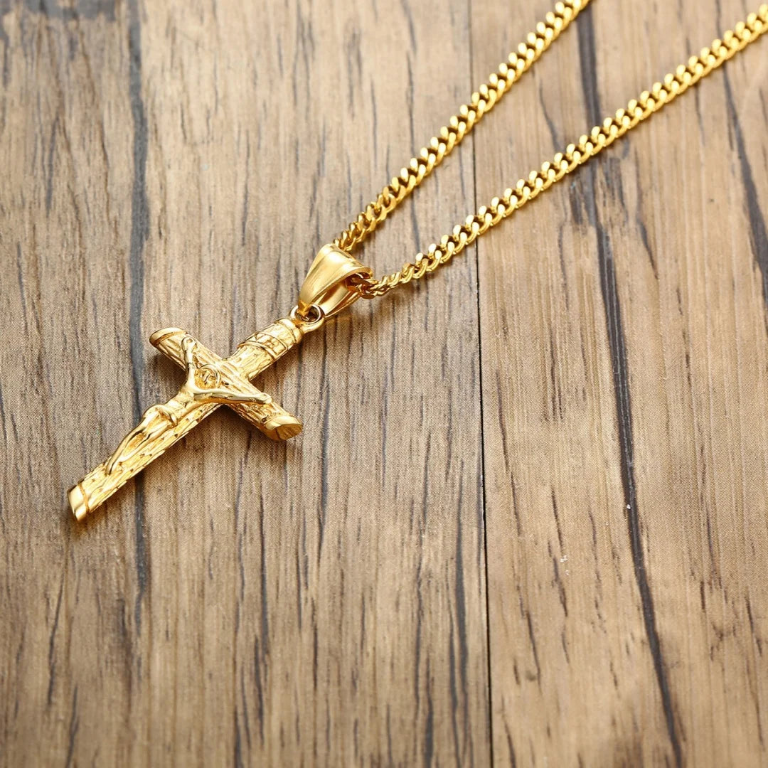 Gold Stainless Steel Cross Necklace – Jesus Pendant for Men