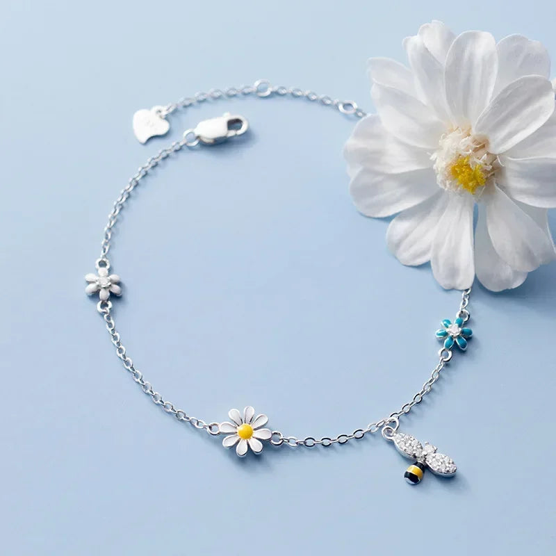 925 Sterling Silver Daisy & Bee Charm Bracelet – Tassel Zircon Sparkle