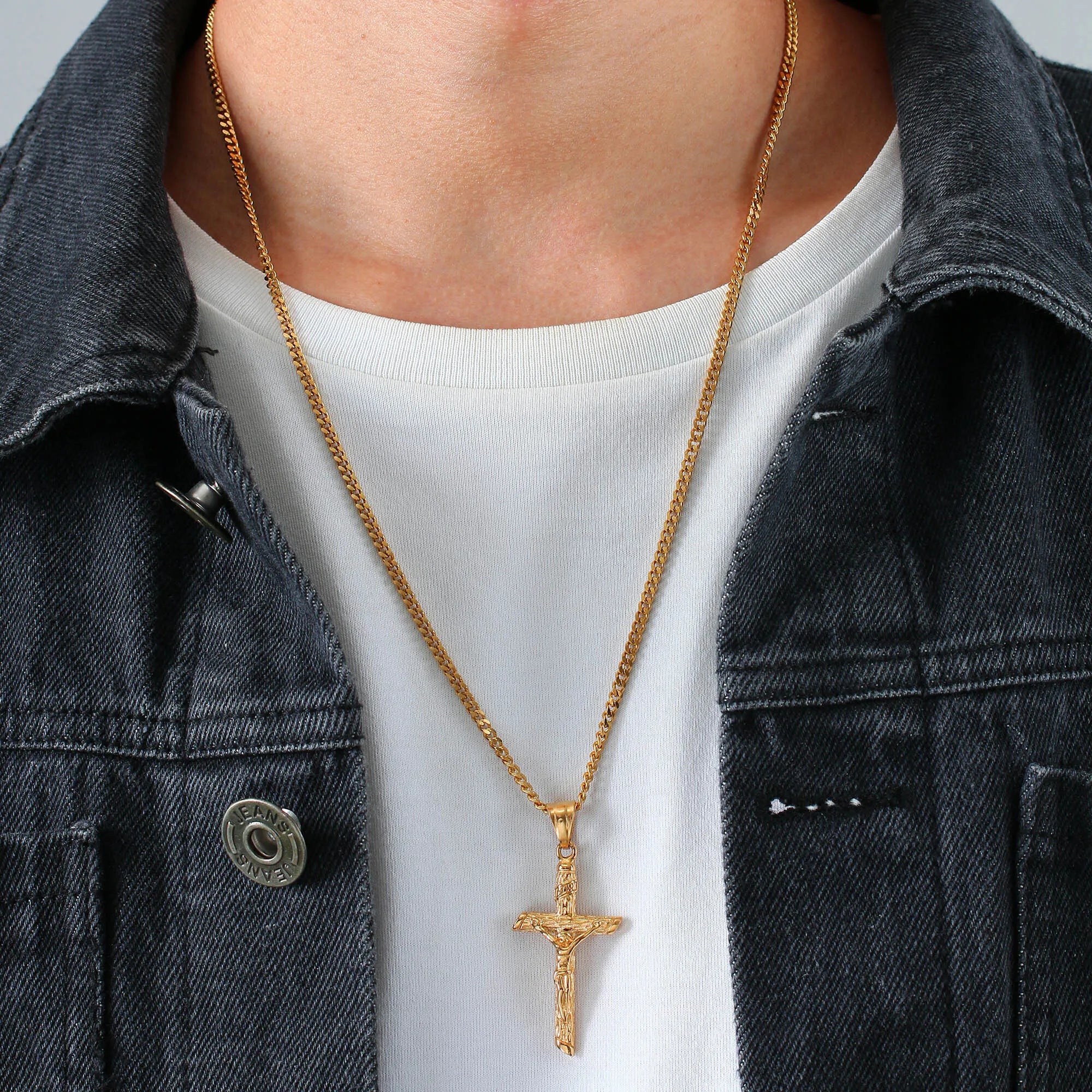 Gold Stainless Steel Cross Necklace – Jesus Pendant for Men