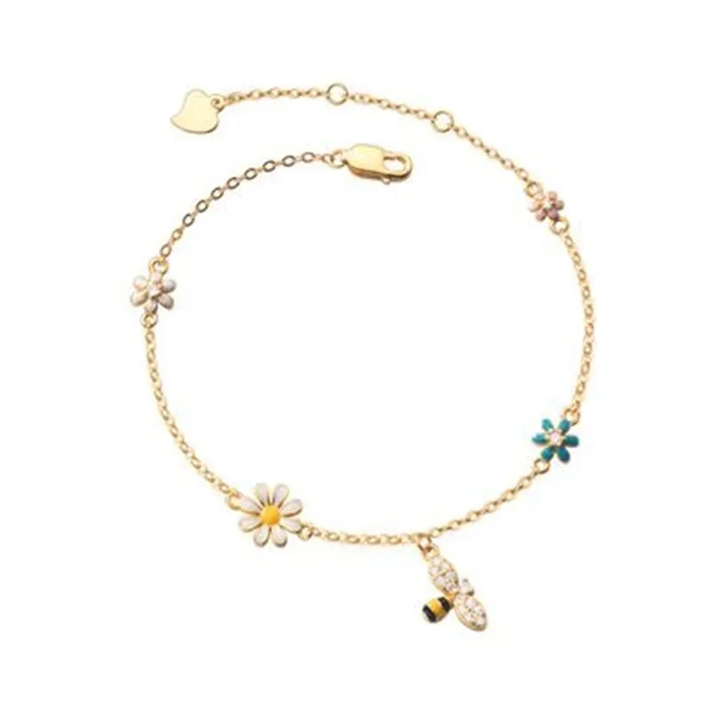 925 Sterling Silver Daisy & Bee Charm Bracelet – Tassel Zircon Sparkle