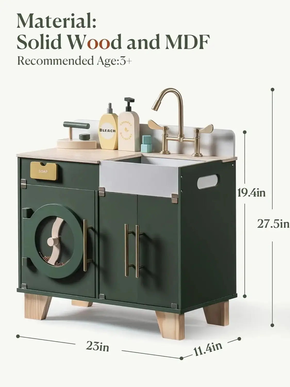 Robotime Wooden Toy Washing Machine – Vintage Green Pretend Play Washer & Dryer Set for Kids