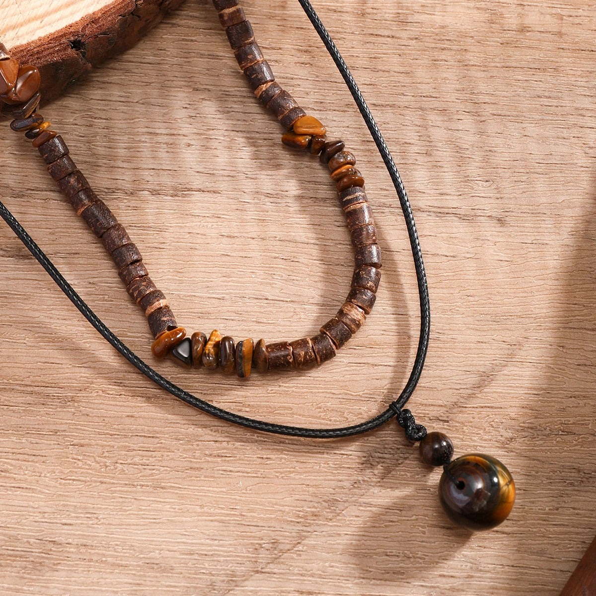 Bohemian Stone & Wood Bead Pendant Necklace Set – Vintage Ethnic Style for Men