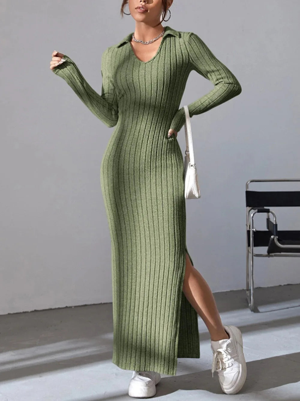 Solid Color Knit Dress – Sexy Slim Lapel Style
