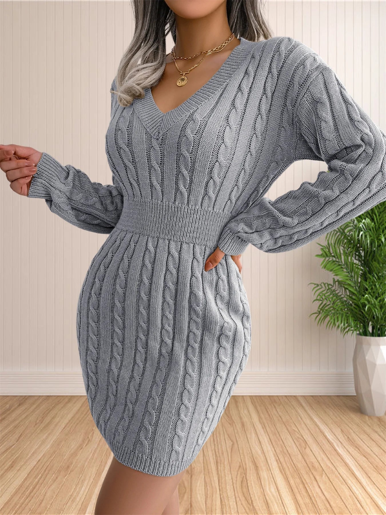 Chic Women’s Sweater Dress – V-Neck Knit