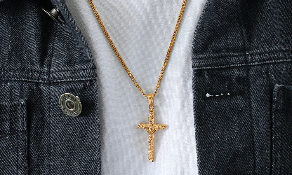 Gold Stainless Steel Cross Necklace – Jesus Pendant for Men