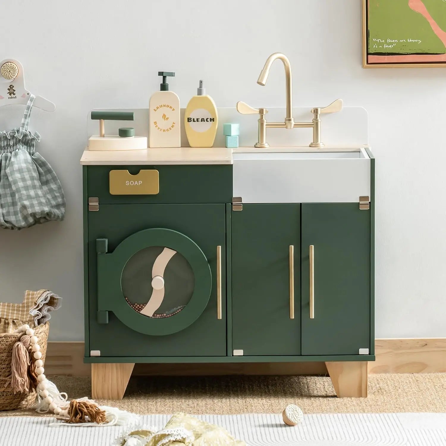 Robotime Wooden Toy Washing Machine – Vintage Green Pretend Play Washer & Dryer Set for Kids