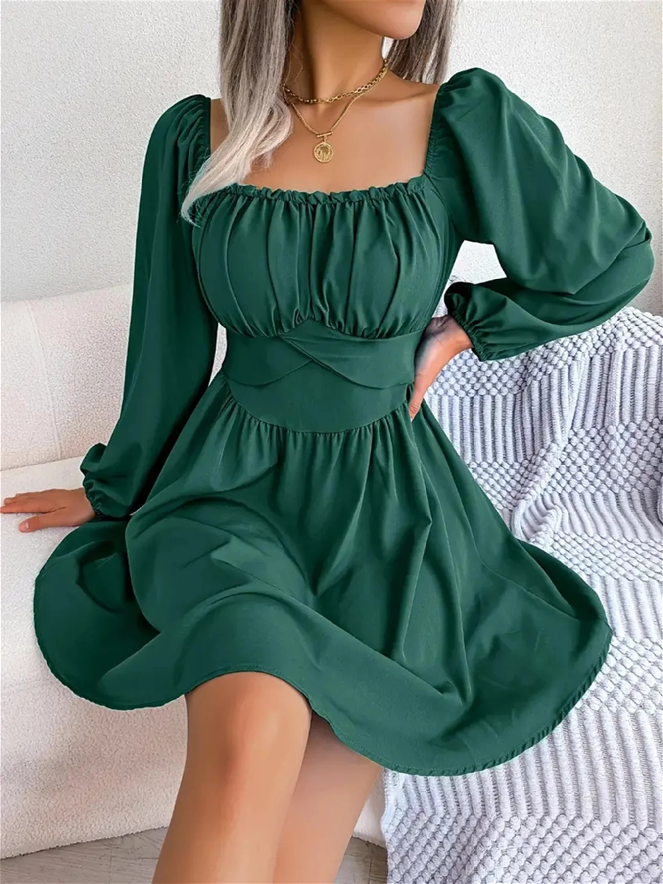 Women's Ruched Square Neck Ruffle Dress – Spring & Fall
