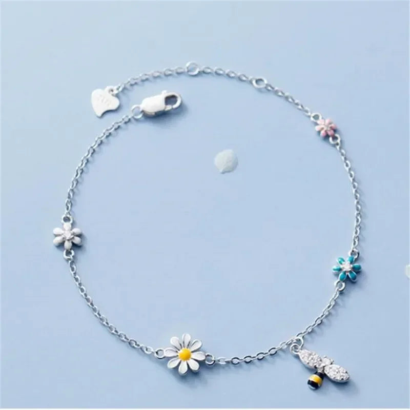 925 Sterling Silver Daisy & Bee Charm Bracelet – Tassel Zircon Sparkle