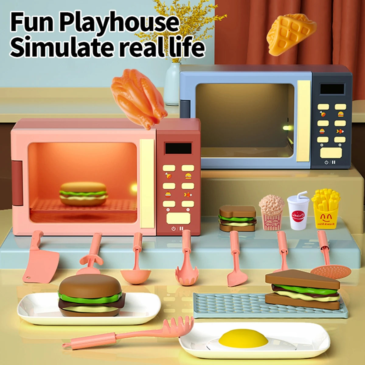 Toy Microwave Oven Playset with Light & Sound – Kids Kitchen Appliance with Play Food & Accessories