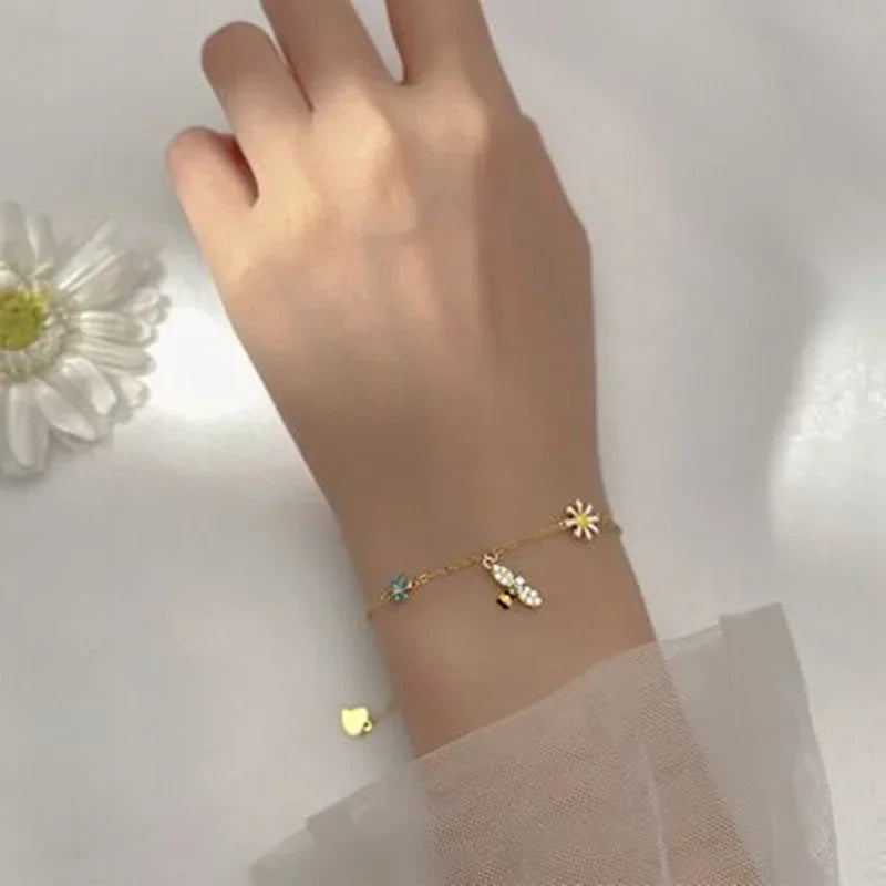 925 Sterling Silver Daisy & Bee Charm Bracelet – Tassel Zircon Sparkle