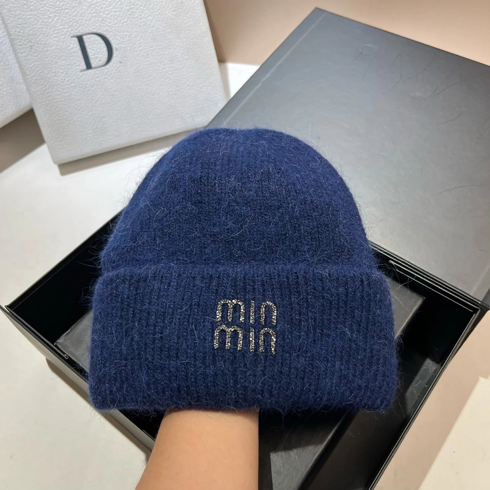 Luxury Rhinestone Winter Beanie – Rabbit Fur Knit Hat for Men & Women